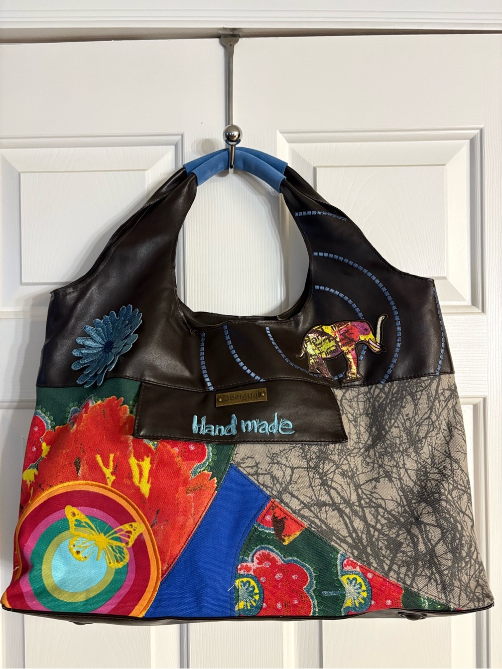 Desigual Multicolor Patchwork Tote with Blue Handle
